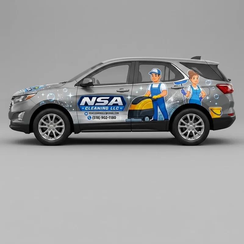NSA Cleaning LLC branded company SUV with logo and phone number
